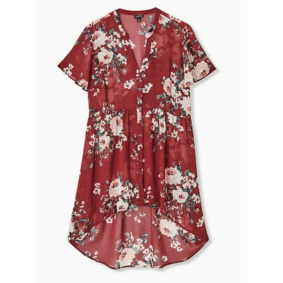 torrid Tops - Torrid Red brick floral chiffon babydoll tunic